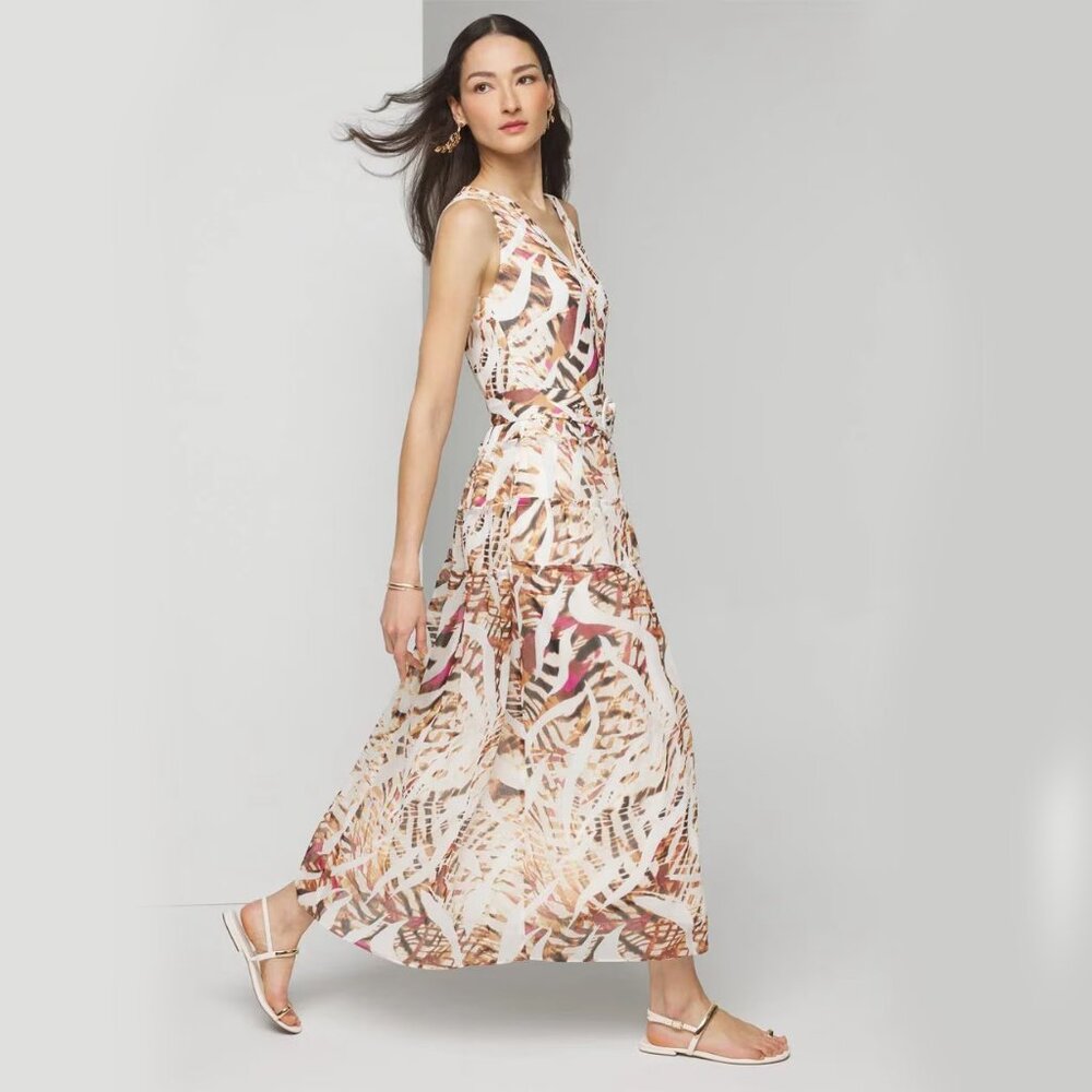 WHBM $180 Sleeveless Midi Shirtdress Dress Sundress Crinkle Chiffon Belted 10